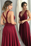 A-Line Deep V-Neck Sweep Train Criss-Cross Straps Burgundy Satin Prom Dress with Bowknot LR229