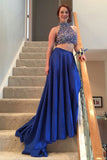 Two Piece High Neck Open Back Sweep Train Royal Blue Prom Dress with Beading PDA447 | ballgownbridal
