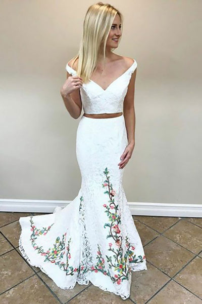 Two Piece Off-the-Shoulder Sweep Train White Lace Prom Dress with Embroidery LR77