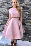 Simple Two Piece Pink Homecoming Dresses with Short Sleeves Ruffles PDA119 | ballgownbridal