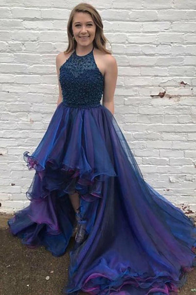 A-Line Halter Court Train High Low Royal Blue Tulle Beaded Ruffles Prom Dress AHC534