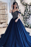 Navy Blue Tulle Off Shoulder Long Princess Formal Prom Dress PDA497 | ballgownbridal