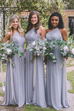 A-Line One-Shoulder Floor-Length Open Back Lavender Chiffon Bridesmaid Dress AHC643