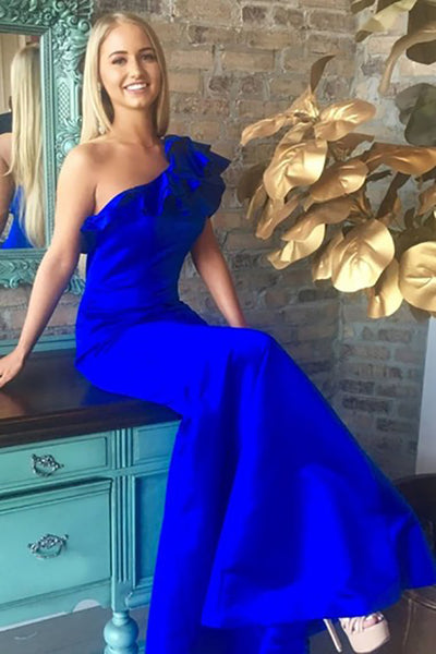 Mermaid One-Shoulder Floor-Length Royal Blue Prom Dress with Ruffles LR44