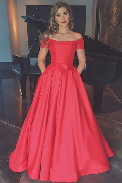 A-Line Off-the-Shoulder Sweep Train Red Satin Prom Dress with Pockets LR256