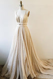 A-Line Deep V-Neck Court Train Backless Champagne Lace Prom Dress with Sash AHC676 | ballgownbridal