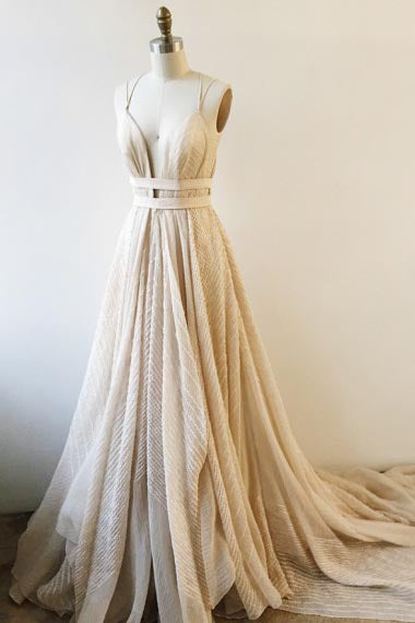A-Line Deep V-Neck Court Train Backless Champagne Lace Prom Dress with Sash AHC676 | ballgownbridal