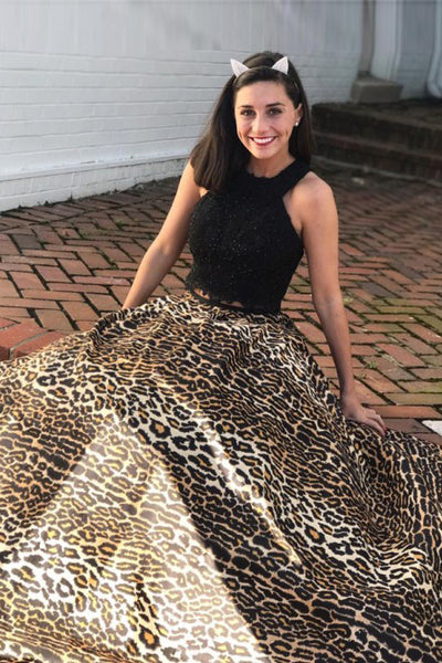 Two Piece Crew Floor-Length Leopard Printed Prom Dress with Lace Beading PDA347 | ballgownbridal