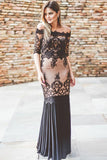 Mermaid Off-the-Shoulder Floor-Length Half Sleeves Black Prom Dress with Appliques LR481