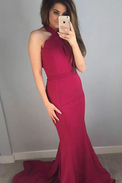 Mermaid Halter Sweep Train Keyhole Dark Red Satin Sleeveless Prom Dress LR328