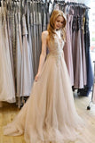 Light Champagne Tulle Lace Beaded V Neck Long Pageant Prom Dress PDA494 | ballgownbridal