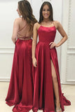 A-Line Halter Sweep Train Split Criss-Cross Straps Red Satin Sleeveless Prom Dress LR333