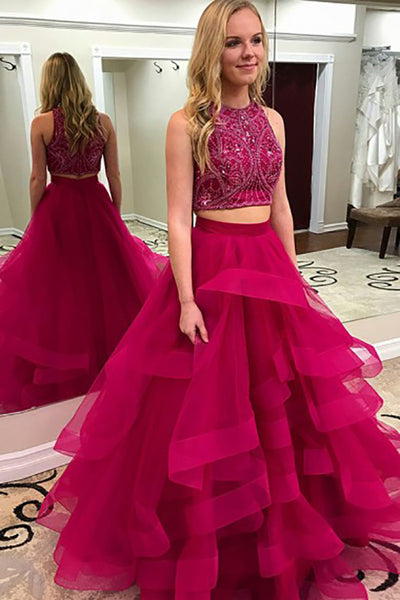 Two Piece Jewel Sweep Train Dark Red Tulle Prom Dress with Beading Ruffles LR172