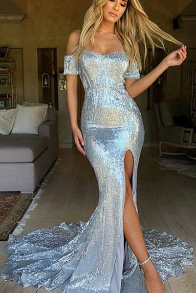 Mermaid Off the Shoulder Sequined Long Prom Evening Dresses with Split Front PDA195 | ballgownbridal