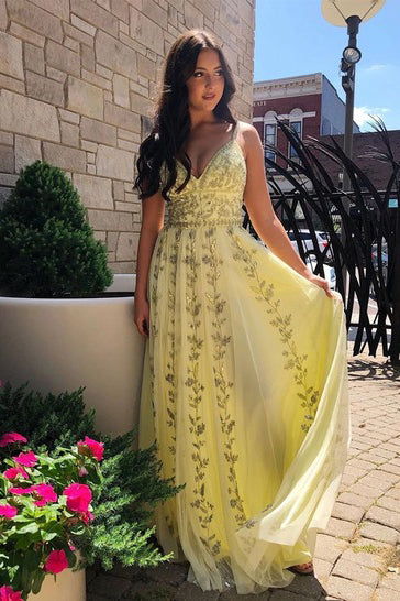 Yellow Tulle V Neck Spaghetti Straps Long Prom Dress With Lace Applique PDA246 | ballgownbridal
