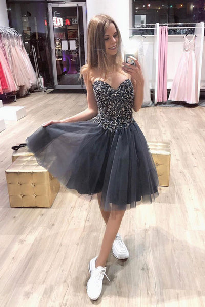 Sweetheart Gray Tulle Beaded Lace Up Short Prom Dress PDA443 | ballgownbridal