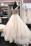 Elegant White Long Wedding Dresses  V Neck Beading with Ruffles PDA157 | ballgownbridal