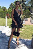 Stylish A Line Deep V Neck Black Short Homecoming Dresses with Feather PDA115 | ballgownbridal