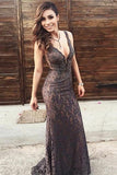Mermaid Deep V-Neck Sweep Train Brown Lace Sleeveless Prom Dress with Beading  LR144