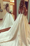 A-Line Bateau Chapel Train Ivory Satin Backless Wedding Dress with Appliques AHC583 | ballgownbridal