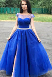 Royal Blue Tulle Cap Sleeve Long Prom Dress With Slit PDA441 | ballgownbridal