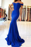 Mermaid Off-the-Shoulder Sweep Train Royal Blue Stretch Satin Sleeveless Prom Dress LR193