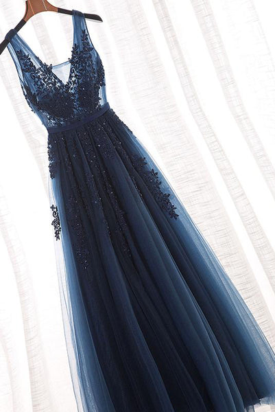 A-Line V-neck Floor length Tulle Prom Dress/Evening Dress With Appliques PDA426 | ballgownbridal