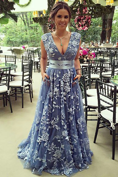 A-Line Deep V-Neck Sweep Train Blue Lace Prom Dress with Belt LR410 | ballgownbridal