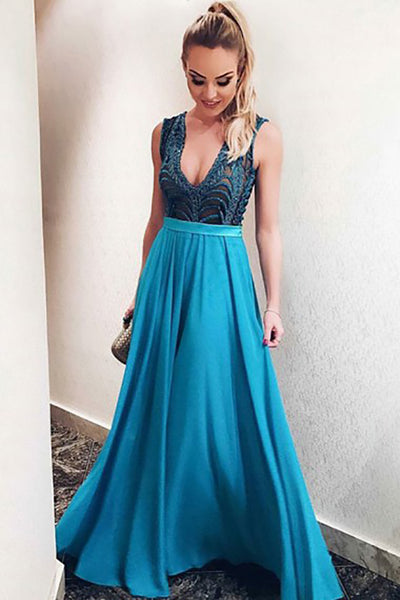 A-Line Deep V-Neck Blue Chiffon Backless Prom Dress with Appliques LR463 | ballgownbridal