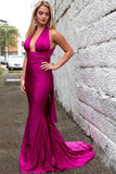 Mermaid Deep V-Neck Open Back Sweep Train Fuchsia Convertible Prom  PDA390 | ballgownbridal