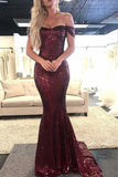 Mermaid Burgundy Long Prom Dresses Off the Shoulder Sequins Evening Dresses PDA226 | ballgownbridal