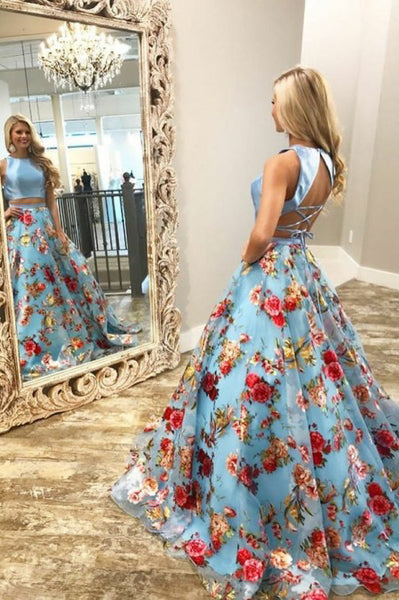 Two Piece Crew Sweep Train Light Blue Printed Organza Prom Dress PDA334 | ballgownbridal