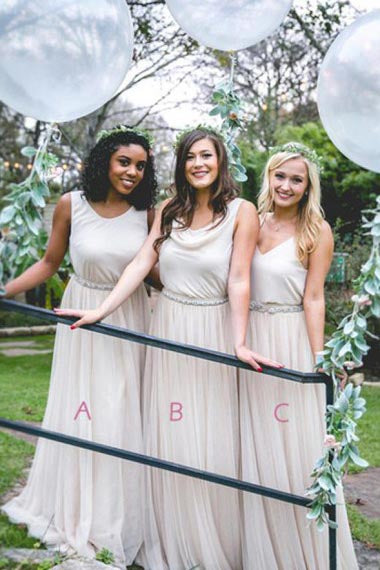 A-Line Crew Floor-Length Light Champagne Bridesmaid Dress with Beading AHC603