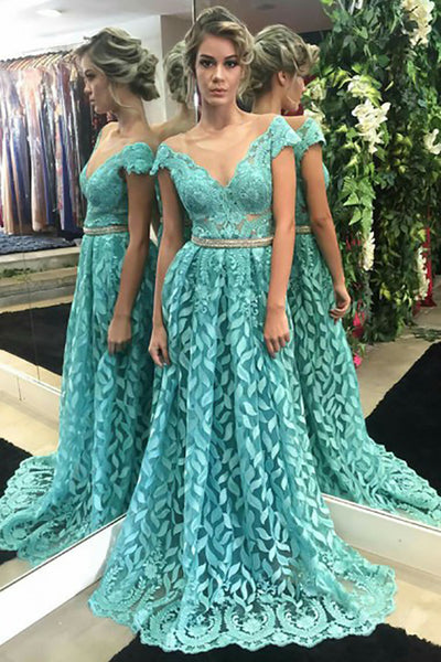 A-Line Crew Cap Sleeves Sweep Train Blue Lace Prom Dress with Beading LR464