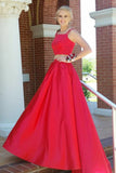 Two Piece Spaghetti Straps Sweep Train Red Satin Prom Dress with Pockets PDA296 | ballgownbridal