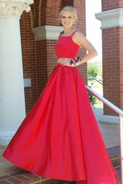 Two Piece Spaghetti Straps Sweep Train Red Satin Prom Dress with Pockets PDA296 | ballgownbridal