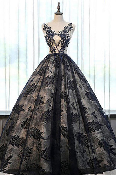 Ball Gown Crew Court Train Black Lace Sleeveless Prom Dress with Appliques AHC517