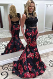 Two Piece Jewel Sweep Train Black Printed Satin Open Back Prom Dress with Appliques LR103