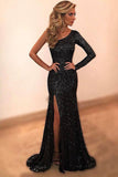 Black Sheath Sweep Train One Shoulder Long Sleeve Side Split Sparkle Prom Dress  AHC553 | ballgownbridal