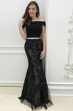 Two Piece Off-the-Shoulder Sweep Train Black Tulle Prom Dress with Appliques LR105