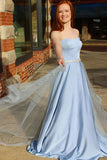 A-Line Sweetheart Sweep Train Blue Tulle Sleeveless Prom Dress with Beading Sequins LR93