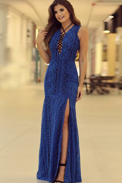 Mermaid Cross Neck Floor-Length Split Royal Blue Lace Open Back Prom Dress LR468 | ballgownbridal
