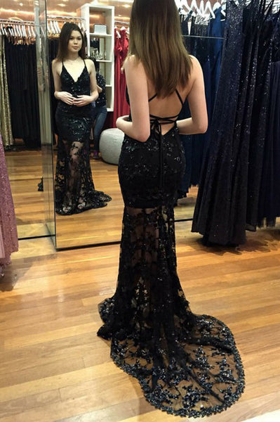 Mermaid Spaghetti Straps Black Prom Dress with Appliques Sequins PDA308 | ballgownbridal