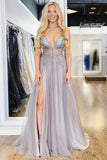 A-Line Spaghetti Straps Sweep Train Lavender Prom Dress with Beading Split PDA420 | ballgownbridal