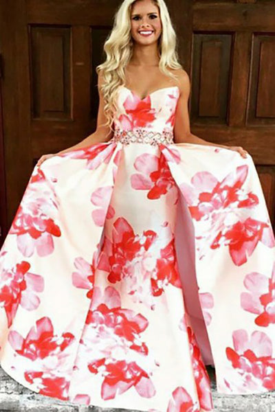 A-Line Sweetheart Sweep Train Pink Printed Satin Prom Dress with Beading LR286