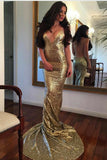 Mermaid Spaghetti Straps Backless Gold Sequined Prom Dress PDA307 | ballgownbridal