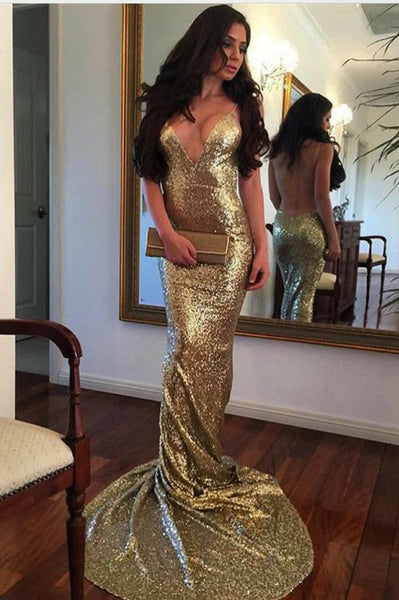 Mermaid Spaghetti Straps Backless Gold Sequined Prom Dress PDA307 | ballgownbridal