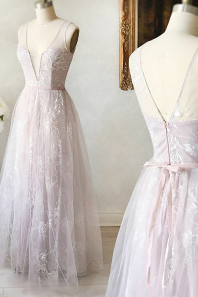 A-Line Deep V-Neck Floor-Length Pearl Pink Tulle Sleeveless Prom Dress with Lace LR156