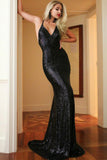 Mermaid Deep V-Neck Criss-Cross Straps Black Sequined Prom Dress PDA340 | ballgownbridal