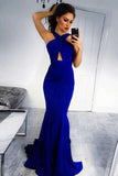 Mermaid Cross Neck Backless Sweep Train Royal Blue Prom Dress PDA299 | ballgownbridal